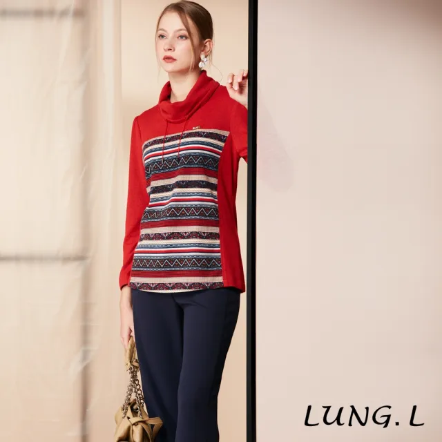 【LUNG.L 林佳樺】LR01A紅色拼接條紋活動圍脖長版女裝上衣(秋冬新品 加大尺碼 保暖)