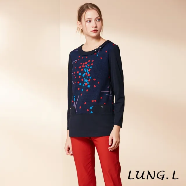 【LUNG.L 林佳樺】LR29A藍色前片拼接提花長版長袖女裝上衣(秋冬新品 加大尺碼)