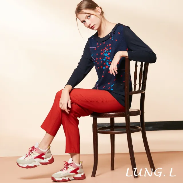 【LUNG.L 林佳樺】LR29A藍色前片拼接提花長版長袖女裝上衣(秋冬新品 加大尺碼)