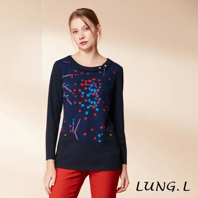 【LUNG.L 林佳樺】LR29A藍色前片拼接提花長版長袖女裝上衣(秋冬新品 加大尺碼)