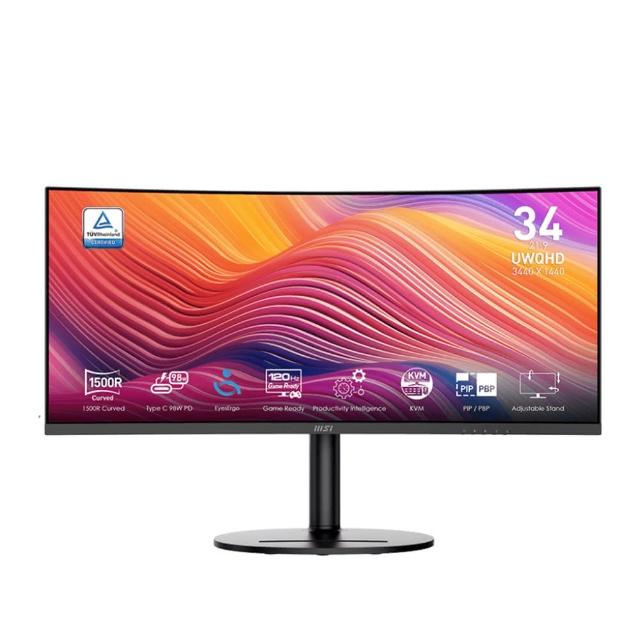 MSI 微星 Modern MD342CQP 34吋曲面 VA 面板顯示器,採用 UWQHD 3440x1440 超寬解析度與 21:9 長寬比,提供沉浸式全景視覺體驗。具備 120Hz 更新頻率、1ms 反應時間及 3500:1 高對比,適合看片追劇、辦公 OA 及學生入門使用。支援 Adaptive-Sync 零閃屏、抗藍光護眼、HDR 廣視角及窄邊框設計,內建喇叭與多介面(HDMI、Type-C、DP、USB),VESA 壁掛相容,3 年保固,輕鬆打造健康舒適的顯示環境。 MSI 微星 Modern MD342CQP 34吋 21:9 曲面 VA UWQHD 顯示器 120Hz 重新整理率 護眼 HDR 抗藍光 窄邊框 辦公娛樂首選