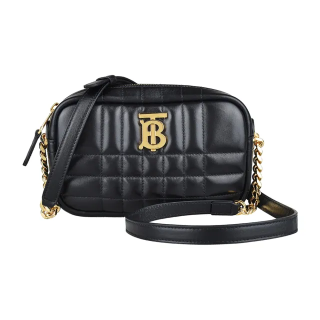 【BURBERRY 巴寶莉】BURBERRY LOLA LOGO拉鍊格紋小羊皮斜背相機包(典藏米)