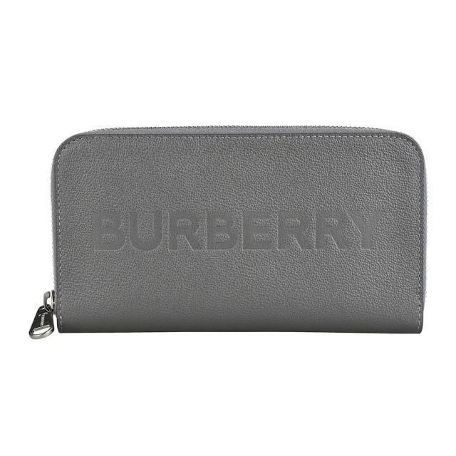 BURBERRY 巴寶莉 BURBERRY字母LOGO設計拉鍊壓紋牛皮12卡長夾(灰)