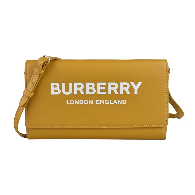 BURBERRY 巴寶莉 BURBERRY Hazelmere白字LOGO釦式牛皮12卡斜背長夾(芥末黃)