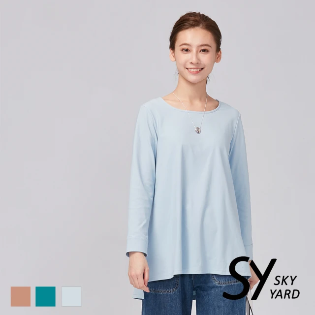 SKY YARD 棉質素面八分袖長袖T恤(藍色)