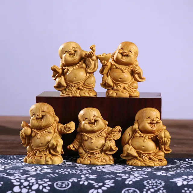 【桃花源創意工坊】福祿壽喜財笑臉彌勒佛新中式木質家居飾品桌面擺飾木雕5套組(木雕)