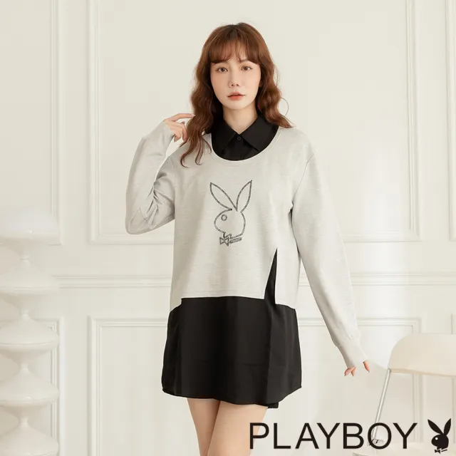 【PLAYBOY】假兩件拼接襯衫領長上衣(灰色)