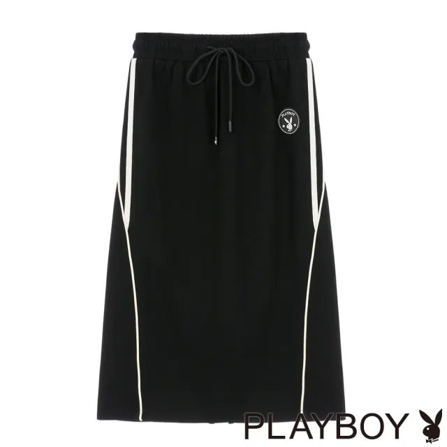 【PLAYBOY】撞色細節鬆緊腰開岔裙(黑色)