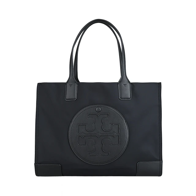 TORY BURCH TORY BURCH Ella圓形皮標T字LOGO設計尼龍拼接牛皮手提托特包(小/黑)