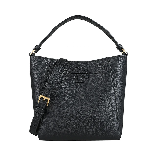 TORY BURCH TORY BURCH McGRAW簡約雙T字型LOGO藏針縫線設計顆粒紋牛皮手提斜背水桶包(小/黑)