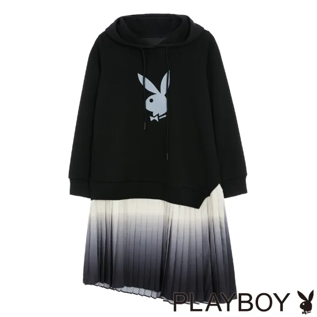 【PLAYBOY】假兩件連帽漸層百褶洋裝(黑色)