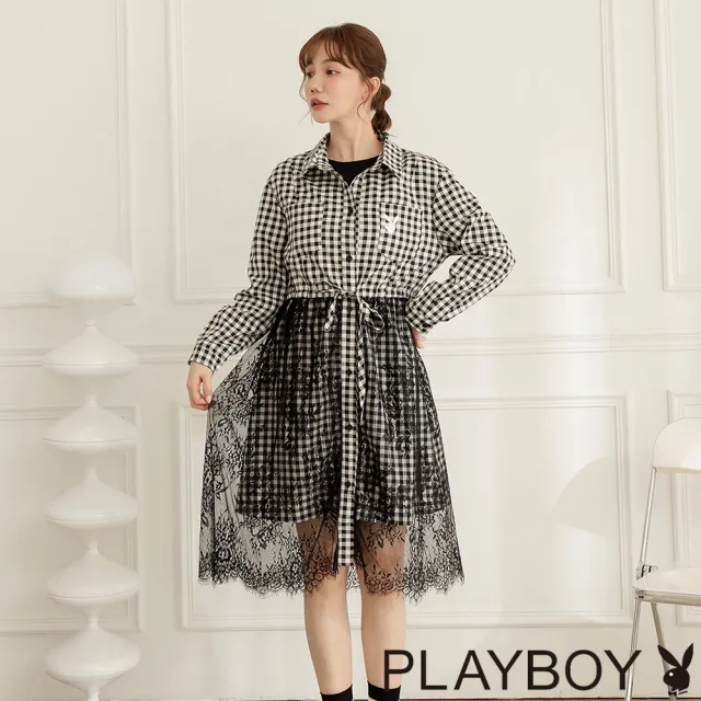 【PLAYBOY】格紋蕾絲襯衫式洋裝(黑色)