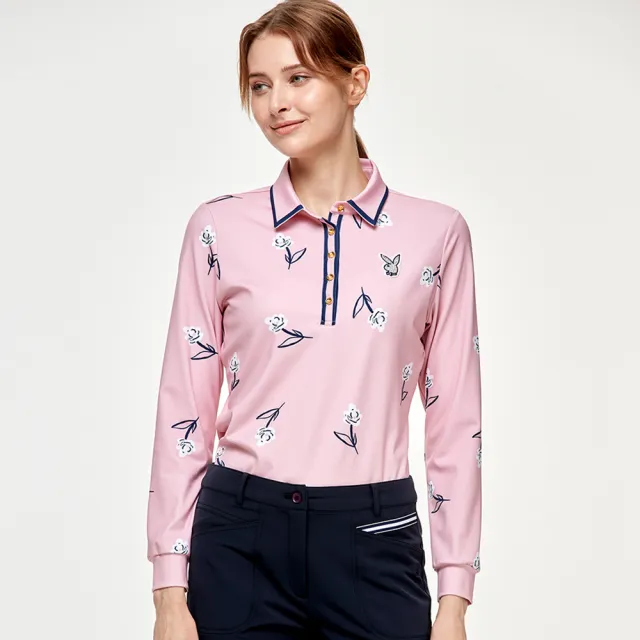 【PLAYBOY GOLF】女款花朵吸濕排汗高爾夫長袖POLO衫-粉(GOLF/高爾夫球衫/KA24211-15)