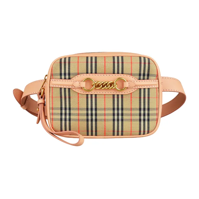 【BURBERRY 巴寶莉】BURBERRY Link戰馬LOGO拉鍊格紋帆布搭牛皮飾邊手拿腰包(典藏米x蜜桃粉)