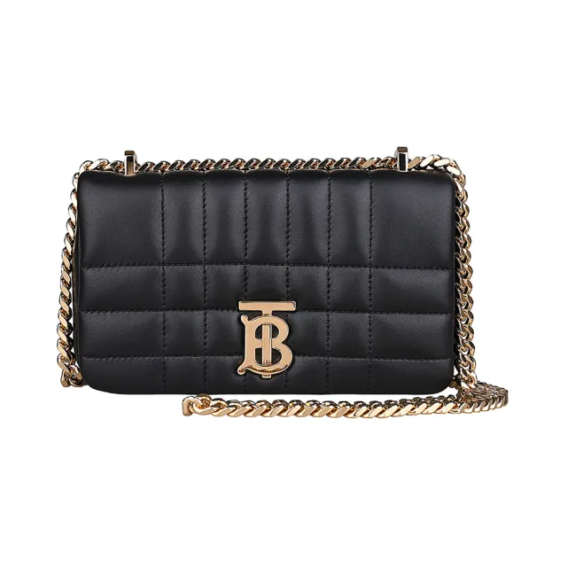 【BURBERRY 巴寶莉】BURBERRY LOLA LOGO釦式格紋小羊皮鏈帶肩背斜背包(迷你/黑)