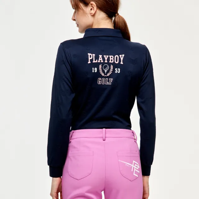 【PLAYBOY GOLF】女款雙面緹花吸濕排汗高爾夫長袖POLO衫-深藍(吸濕排汗/GOLF/高爾夫球衫/KA24206-58)