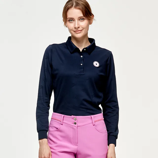 【PLAYBOY GOLF】女款雙面緹花吸濕排汗高爾夫長袖POLO衫-深藍(吸濕排汗/GOLF/高爾夫球衫/KA24206-58)