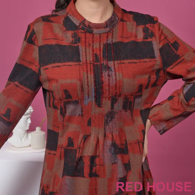 【RED HOUSE 蕾赫斯】幾何印花磨毛修身洋裝(橘紅色)