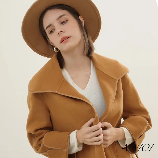 【AVVJOY 艾薇卓爾】皮質包邊中長大衣(純羊毛 冬天 保暖 外套 大衣 西裝領 百搭外套 保暖外套 AVVY101DY)