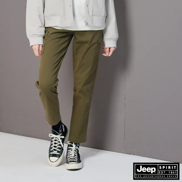 【JEEP】女裝 酷感兩側造型口袋長褲(綠色)