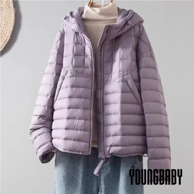 YOUNGBABY 時尚橫車線口袋輕薄夾棉連帽外套 中大尺碼女裝