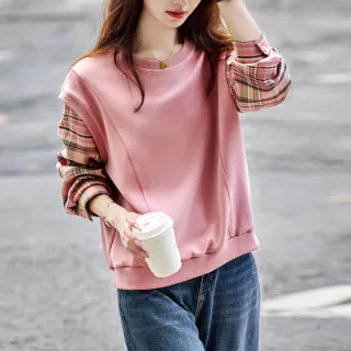 【Alishia】假兩件拼接格紋寬鬆圓領女上衣 M-2XL(粉色)