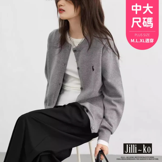 JILLI-KO 刺繡兔子針織外套女寬鬆顯瘦長袖毛衣-F(綠/藍/灰)