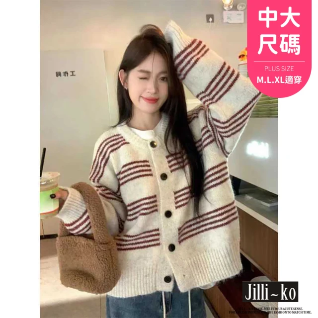 JILLI-KO 小香風條紋外搭毛衣慵懶復古開衫-F(咖/黑)