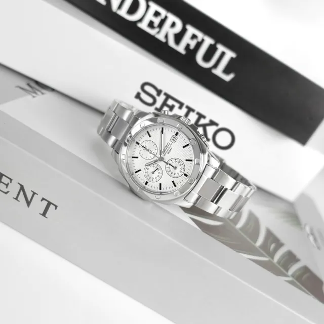 【SEIKO 精工】三眼計時 簡約時尚 夜光 日期 不鏽鋼手錶 白色 39mm(SND187P)