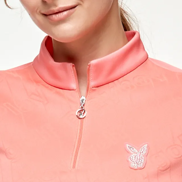 【PLAYBOY GOLF】女款LOGO緹花袖口線圈立領長袖上衣-黃橘(吸濕排汗/GOLF/高爾夫球衫/KA24221-25)