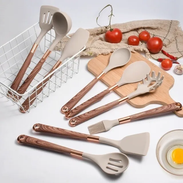 【Cookee】矽膠木紋廚具 不粘鍋耐熱耐高溫矽膠鍋鏟 耐熱手柄 廚房烹飪工具 交換禮物(鍋鏟/湯勺/漏鏟)