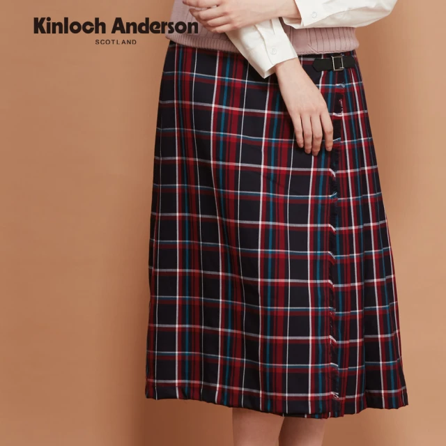 Kinloch Anderson 金安德森女裝 限量款紅藍格抽鬍不對稱造型顯瘦長裙(KA1364013深紅)