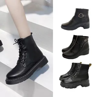 【SOFE MORE】皮面短靴 拉鍊8孔馬丁靴 平底短靴 黑色短靴(多款皮面短靴)