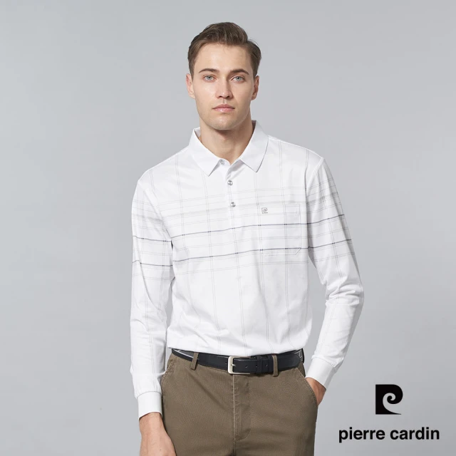 pierre cardin 皮爾卡登 商務休閒 男款 棉質混紡大定位印花長袖POLO衫-白色(5245256-90)