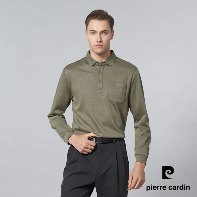 pierre cardin 皮爾卡登 商務休閒 男款 人造棉質混紡素色長袖POLO衫-綠色(5245207-45)