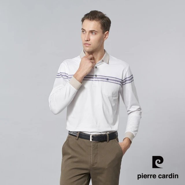 pierre cardin 皮爾卡登 商務休閒 男款 定位橫條印花長袖POLO衫-白色(5245206-84)