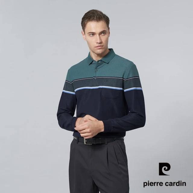 pierre cardin 皮爾卡登 商務休閒 男款 混紡棉定位橫條長袖POLO衫-綠色(5245214-45)