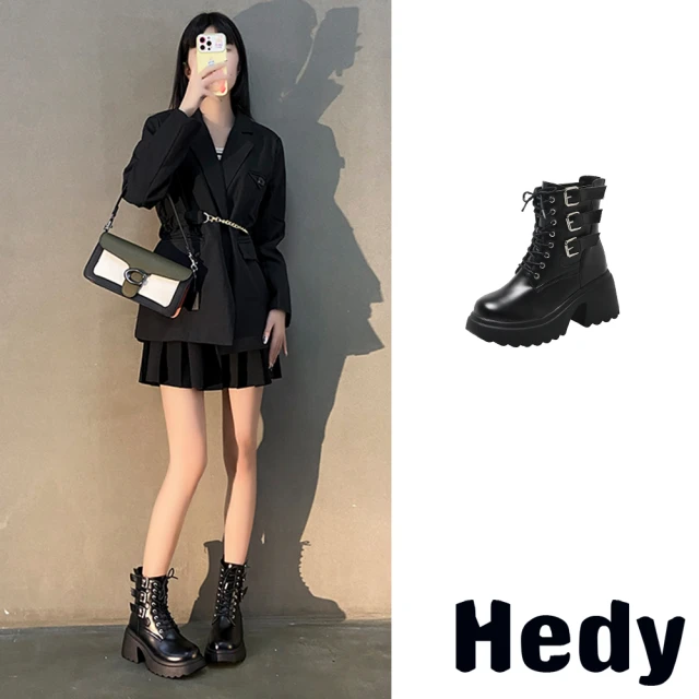 Hedy 粗跟馬丁靴 厚底馬丁靴/潮流帥氣皮帶釦飾繫帶粗跟厚底馬丁靴(黑)