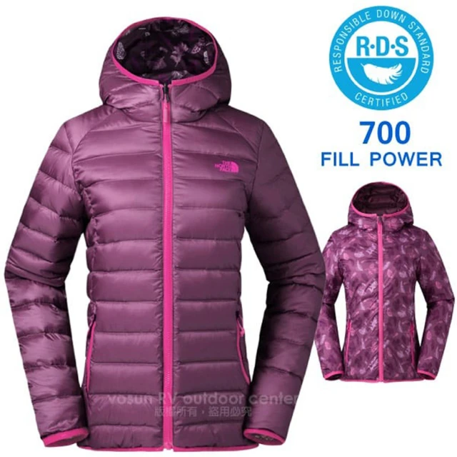 The North Face 女 700FP 雙面穿.超輕防潑水保暖鵝絨連帽羽絨外套(35CM 紫紅 DA)