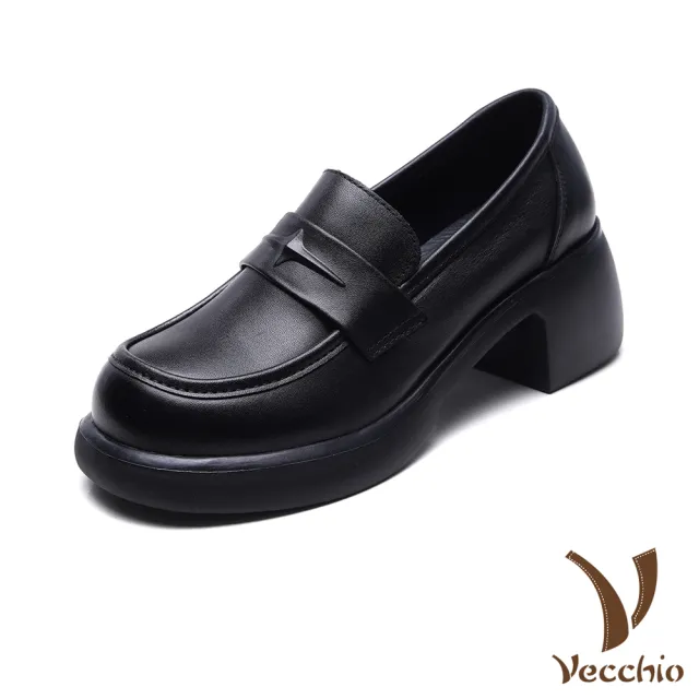 【Vecchio】真皮休閒鞋 厚底休閒鞋/全真皮頭層牛皮立體十字星設計粗跟厚底休閒鞋 樂福鞋(黑)