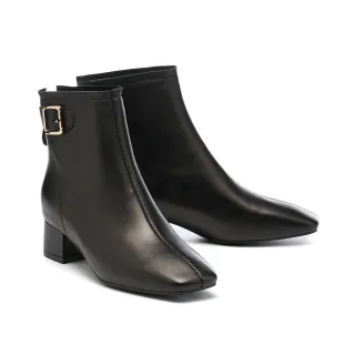 【HELENE_SPARK】別致質感方釦寬帶羊皮方頭高跟短靴(黑)