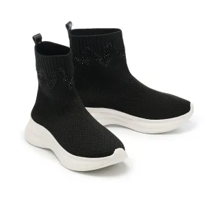 【MELROSE】美樂斯 率性時尚純色燙鑽飛織布厚底高筒休閒鞋(黑)