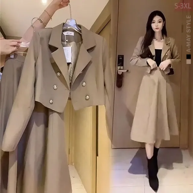 【Amay Style 艾美時尚】現貨 中大尺碼女裝 兩件式赫本風短版顯瘦西裝外套半身裙套裝。S-3XL(2色)