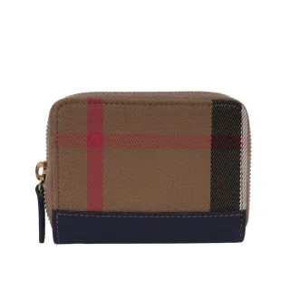 【BURBERRY 巴寶莉】大格紋帆布及牛皮ㄇ形拉鍊零錢包/卡夾包(海軍藍)