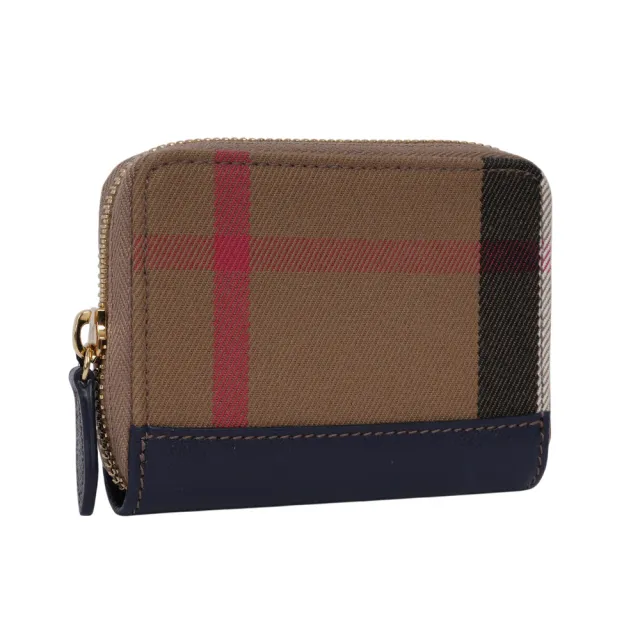 【BURBERRY 巴寶莉】大格紋帆布及牛皮ㄇ形拉鍊零錢包/卡夾包(海軍藍)