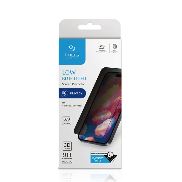 【iMos】iPhone 16 Pro Max 6.9吋 德國萊因+美國UL認證 3D 9H防窺RPF60低藍光螢幕保護貼