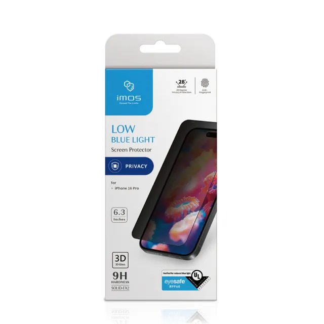 【iMos】iPhone 16 Pro 6.3吋 德國萊因+美國UL認證 3D 9H防窺RPF60低藍光螢幕保護貼