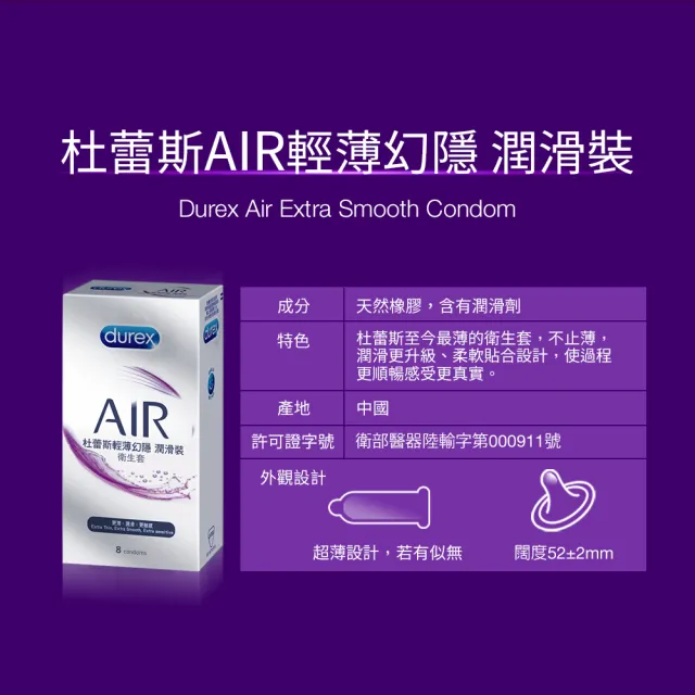 【Durex 杜蕾斯】AIR輕薄幻隱潤滑裝保險套8入/盒(避孕套/衛生套/極致輕薄系列)