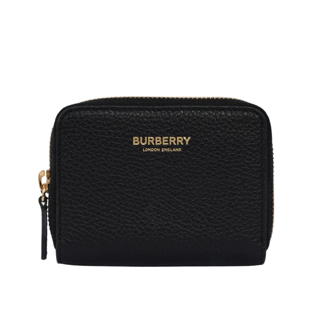 BURBERRY 巴寶莉 金字Logo 粒紋牛皮ㄇ形拉鍊零錢包/卡夾包(黑色)