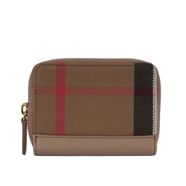 【BURBERRY 巴寶莉】大格紋帆布及牛皮ㄇ形拉鍊零錢包/卡夾包(栗子色)